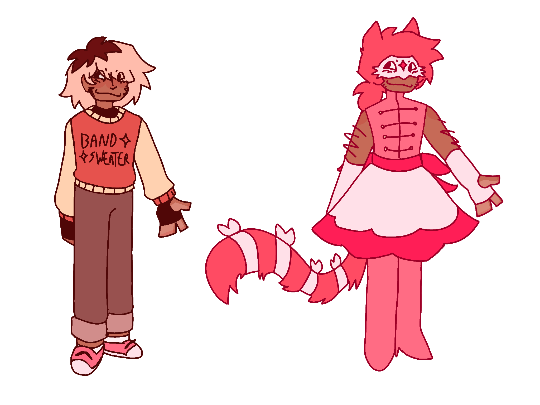 two reference photos for Carmen. in the first one, he's in civilian clothes, with a red and yellow sweater that has text reading Band Sweater on the front. he has pink hair that's so faded it's basically blonde, brown jeans, and pink sneakers. in the second one, he's in his magical girl outfit, with a white mask, long white fingerless gloves, and a skirt that's white with pink on the ends. he has pink heeled boots, and fully pink hair, along with cat ears and a tail.
