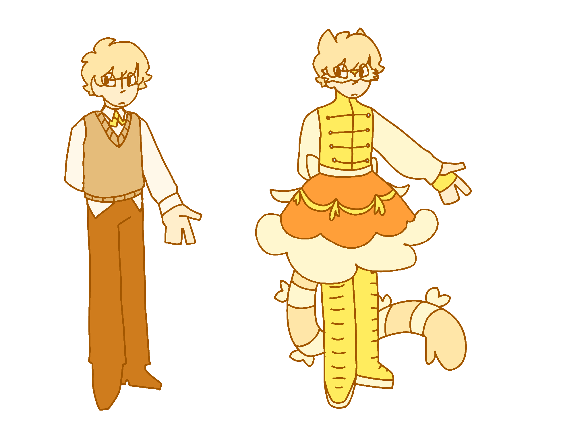 two reference photos for Cecelia. in the first one, she's in civilian clothes, with a white dress shirt, a yellow bowtie, and a beige sweater vest. she has brown pants and dress shoes, and short blonde hair. in the second one, she's in her magical girl outfit, with a white mask, long white sleeves, and a skirt that's yellowish orange, with a white petticoat and yellow bows along it. she has yellow and white platform shoes, and short blonde hair, along with cat ears and a tail.