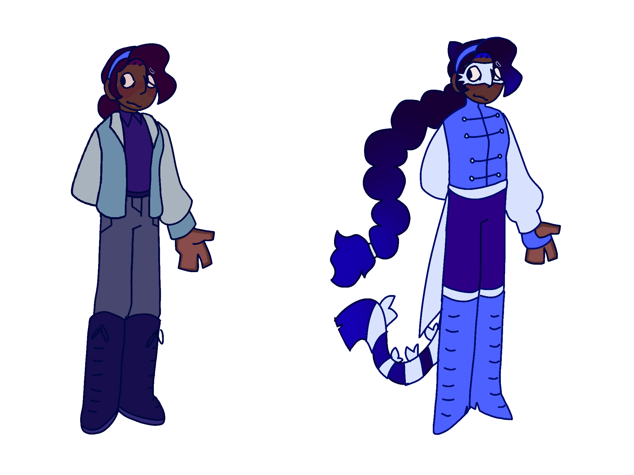 two reference photos for Maya. in the first one, she's in civilian clothes, with a blue headband, a dark blue dress shirt and a teal varsity jacket. she has blue jeans and black boots, and their hair is wavy, dark brown, and in a bun at the back of their head. in the second one, she's in her magical girl outfit, with a white mask, long white fingerless gloves, and dark blue pants. their shirt has coattails. she has blue heeled boots, and a long braid that transitions from dark brown to blue, along with cat ears and a tail.