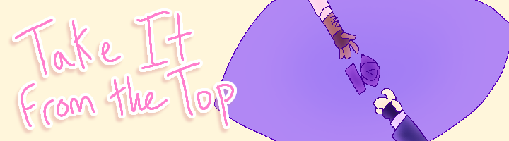 a banner depicting two hands reaching for a statue, framed by a purple eye shape. the text to the left says Take it From the Top.