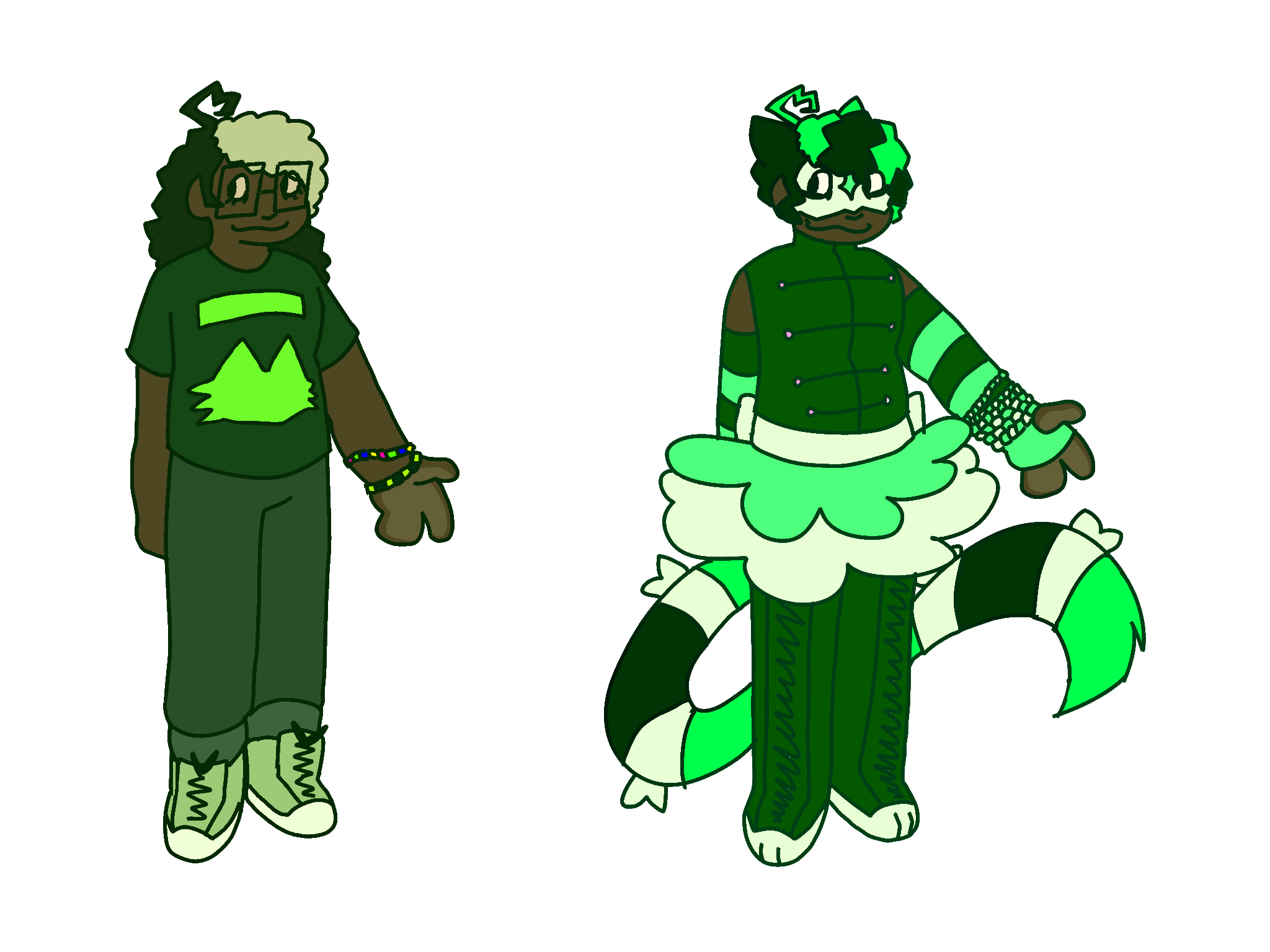 two reference photos for Zee. in the first one, xe's in civilian clothes, with a black t-shirt with a simple green cat logo on it. xe has green high-top converse, two kandi bracelets on xyr wrist, and mid-length black hair with a piece in the front being dyed a faded green. in the second one, xe's in xyr magical girl outfit, with a white mask, long white and green striped fingerless gloves with arms covered in kandi bracelets, and a skirt that's green with another white skirt under it. xe has long dark green converse with two lines drawn on the front to make it look like cat paws, and short hair with green and black stripes along the front piece, along with cat ears and a tail.